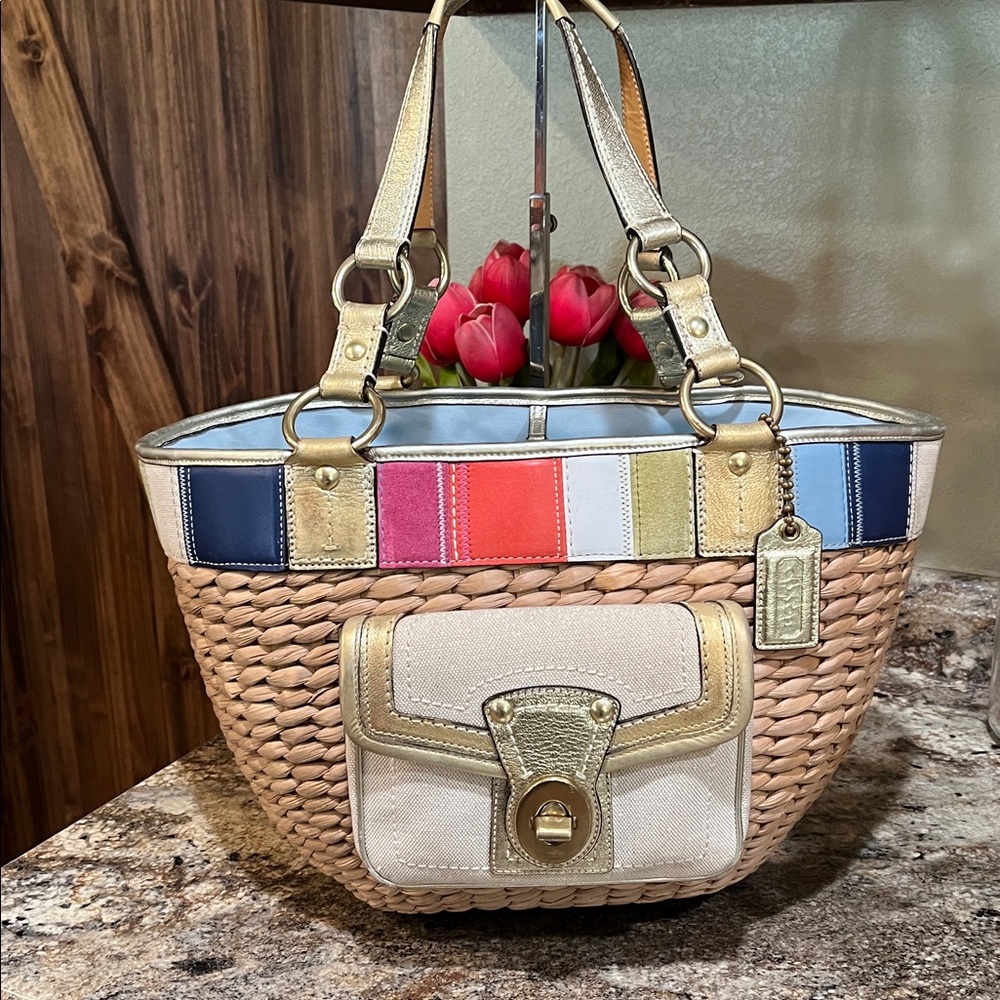 Coach EUC Lily 65th Anniversary Ed. Large Straw W/Gold Leather Trim Tote Bag